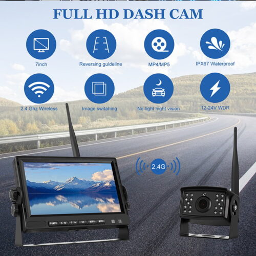 2 x Wireless Rear View Backup Reverse Camera Night Vision Truck DVR 500m Waterproof + 7" Car Monitor for RV Bus Truck Trailer
