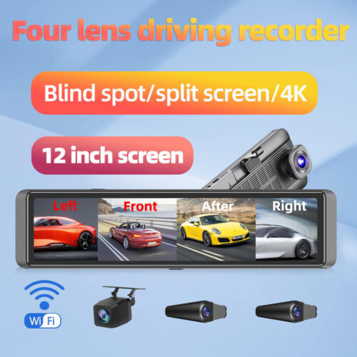 Dash Cam Zimtop 4K 4 Channel Recording 360 degrees Dash Cam 12" Rearview Camera for Car Touch Screen Video Recorder Rear View Dash Cam