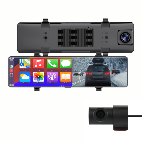 New 4K 12 inch Dual Lens Rearview Mirror Dash Cam Carplay Android Auto WiFi Loop Recording GPS Optional