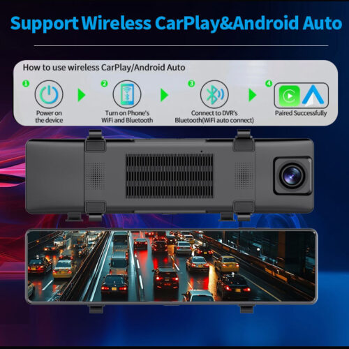 New 4K 12 inch Dual Lens Rearview Mirror Dash Cam Carplay Android Auto WiFi Loop Recording GPS Optional