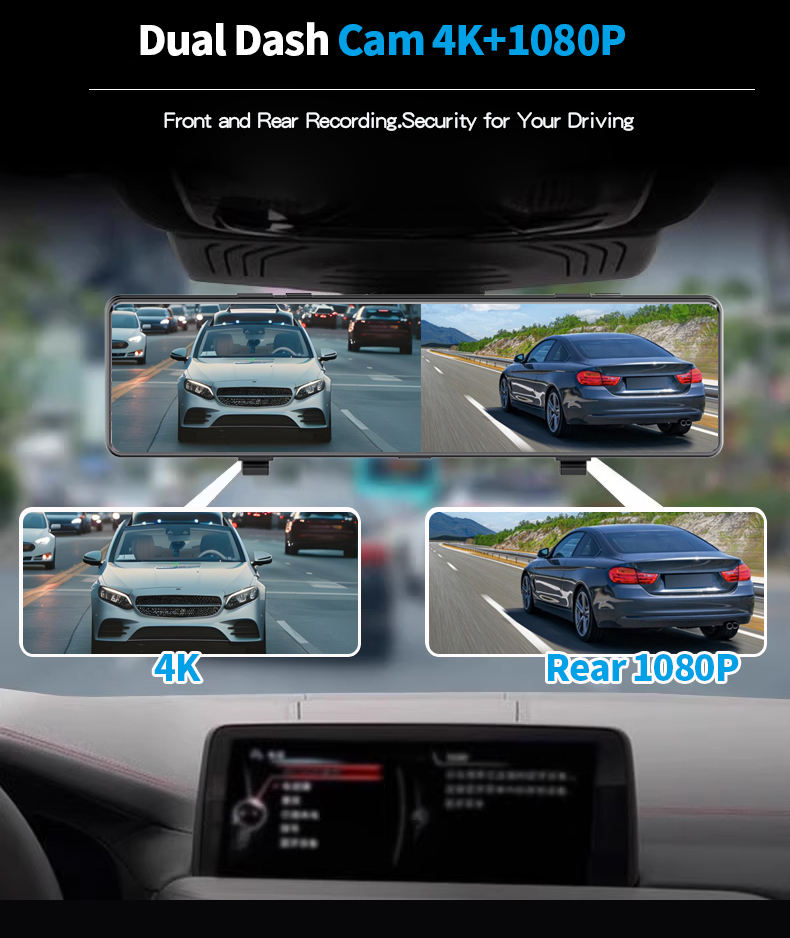 New 4K 12 inch Dual Lens Rearview Mirror Dash Cam Carplay Android Auto WiFi Loop Recording GPS Optional